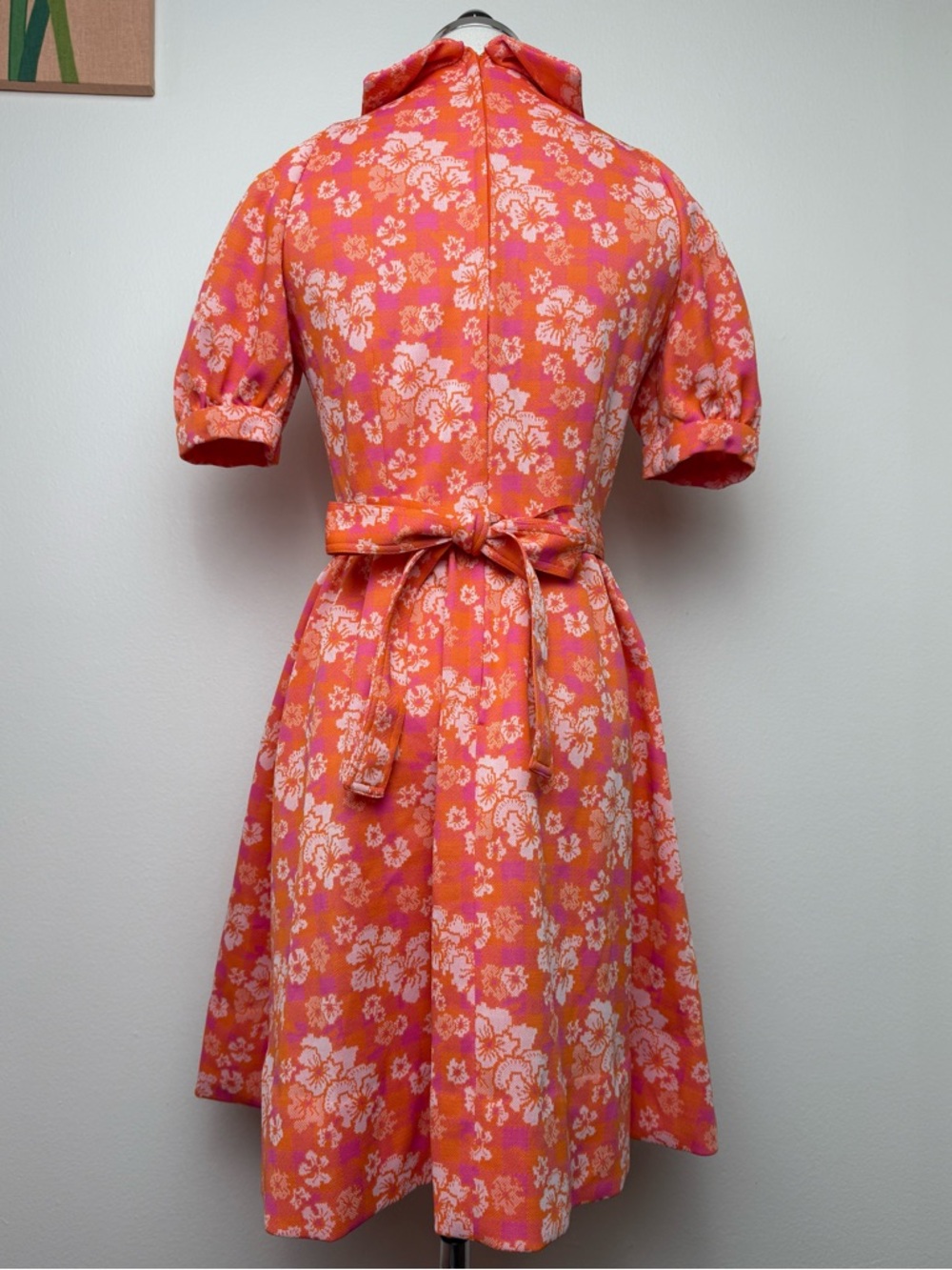 True Vintage Orange Pink White Floral Puff Sleeve Collar Mini Dress Small - Picture 5 of 10